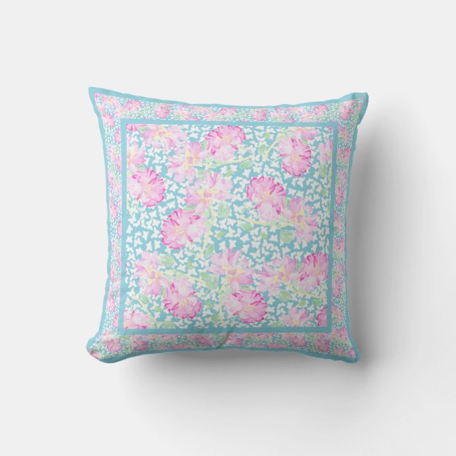 Pink Watercolor Roses, White Butterflies, Sky Blue Throw Pillow (Front)
