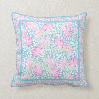 Pink Watercolor Roses, White Butterflies, Sky Blue Throw Pillow