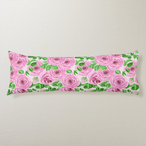 Pink watercolor roses with leaves and buds patter body pillow