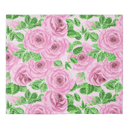 Pink watercolor roses with leaves and buds patter duvet cover