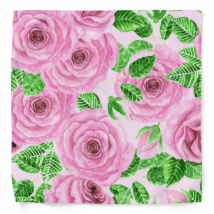 Pink watercolor roses with leaves and buds pattern bandana