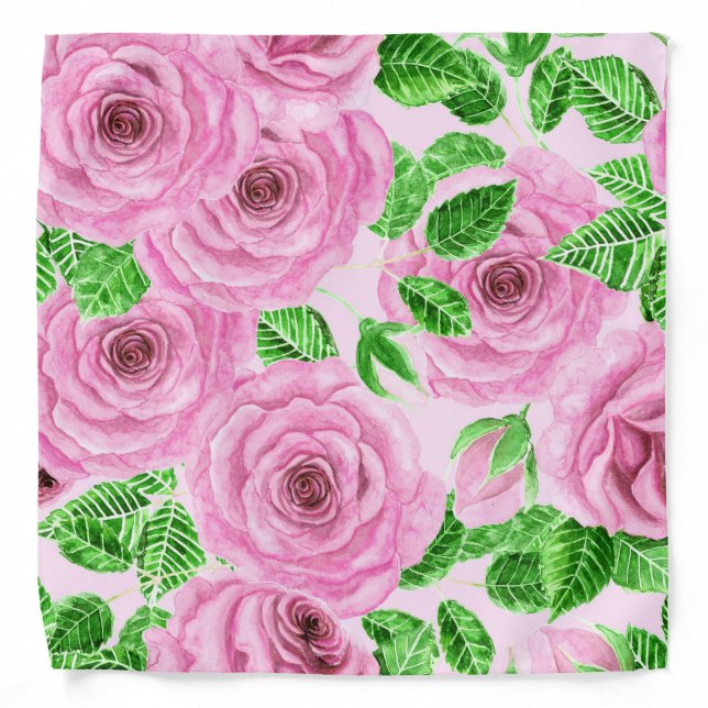 Pink watercolor roses with leaves and buds pattern bandana (Front)