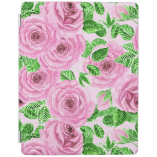Pink watercolor roses with leaves and buds pattern iPad smart cover