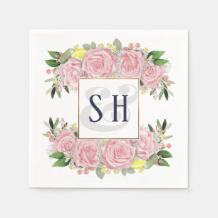 Pink Watercolor Roses Yellow Lemons, Monogram Napkins