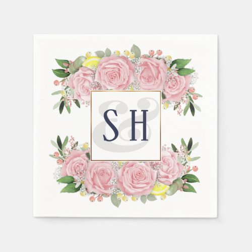 Pink Watercolor Roses Yellow Lemons Monogram Napkins