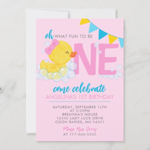 Pink Watercolor Rubber Duck 1st Birthday Party Invitation