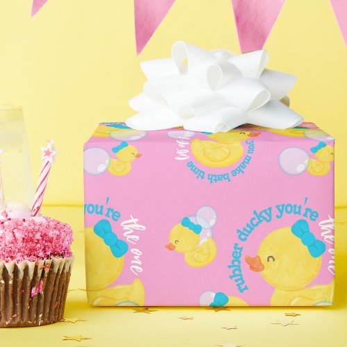 Pink Watercolor Rubber Ducky Youre the One Party Wrapping Paper