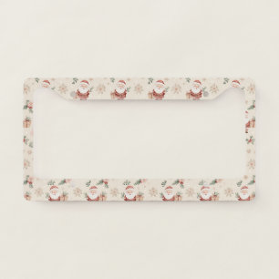 Pink Watercolor Santa Christmas with Snowflakes License Plate Frame