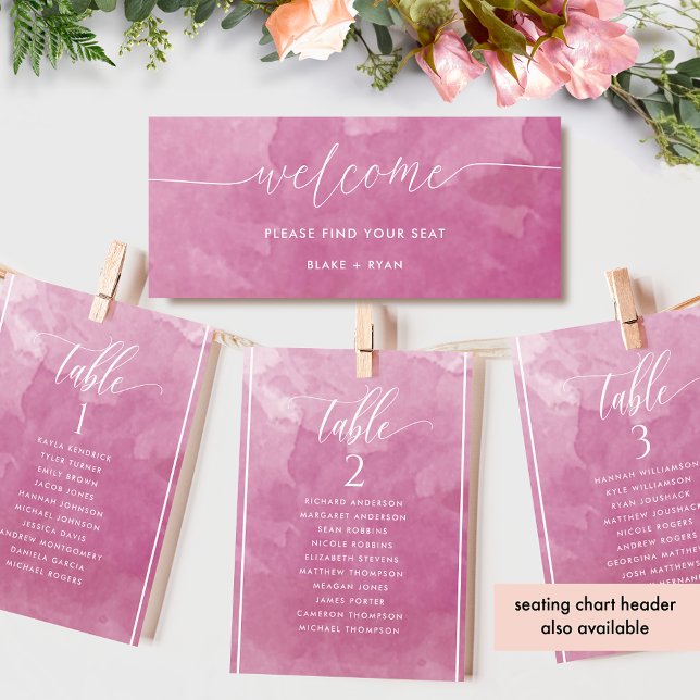 Pink Watercolor Seating Plan Card with Guest Name (Creator Uploaded)