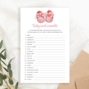Pink Watercolor Shoes Baby Shower Word Scramble