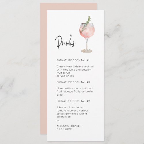 Pink Watercolor Signature Cocktail Menu Invitation