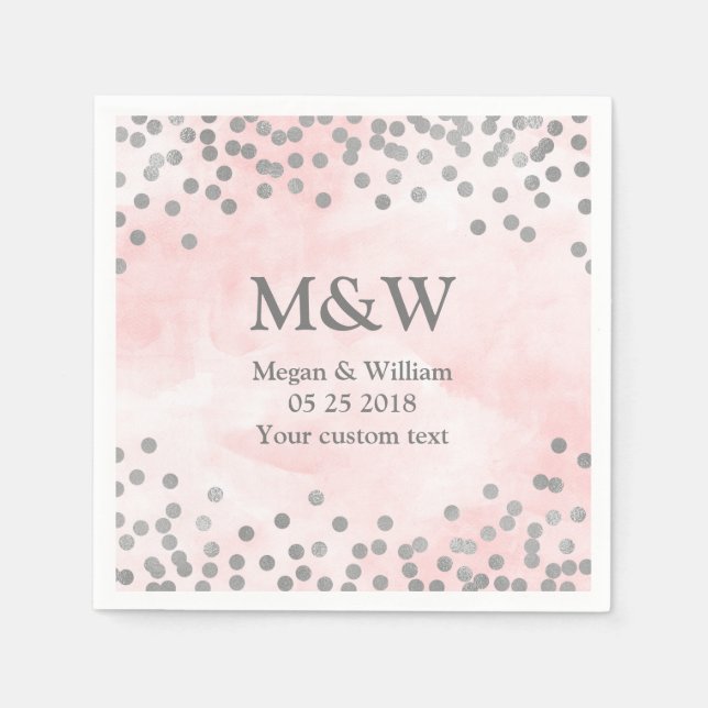 Pink Watercolor Silver Confetti Wedding Napkin (Front)