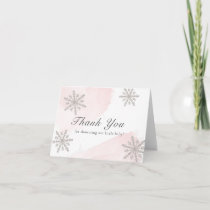 Pink Watercolor Silver Snowflakes Baby Shower Thank You Card