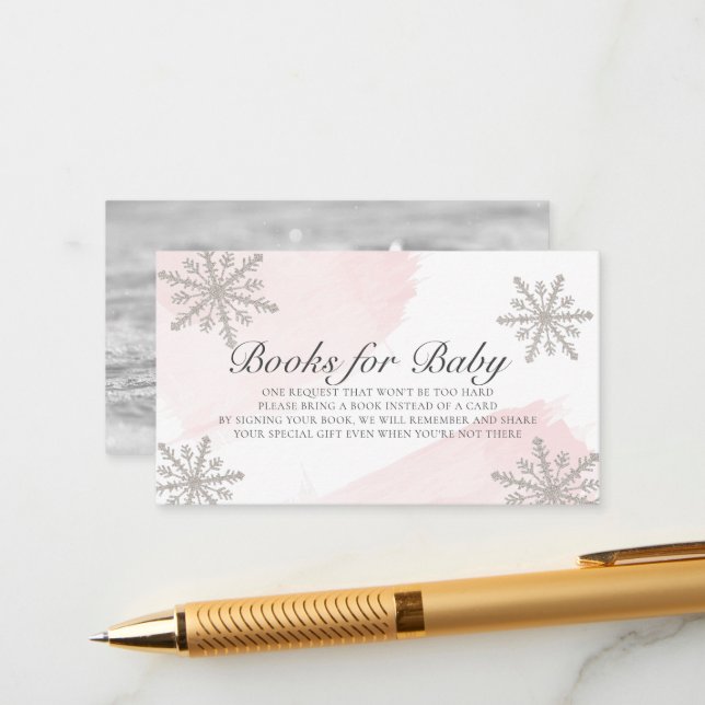 Pink Watercolor Silver Snowflakes Book Request Enclosure Card (Front/Back In Situ)