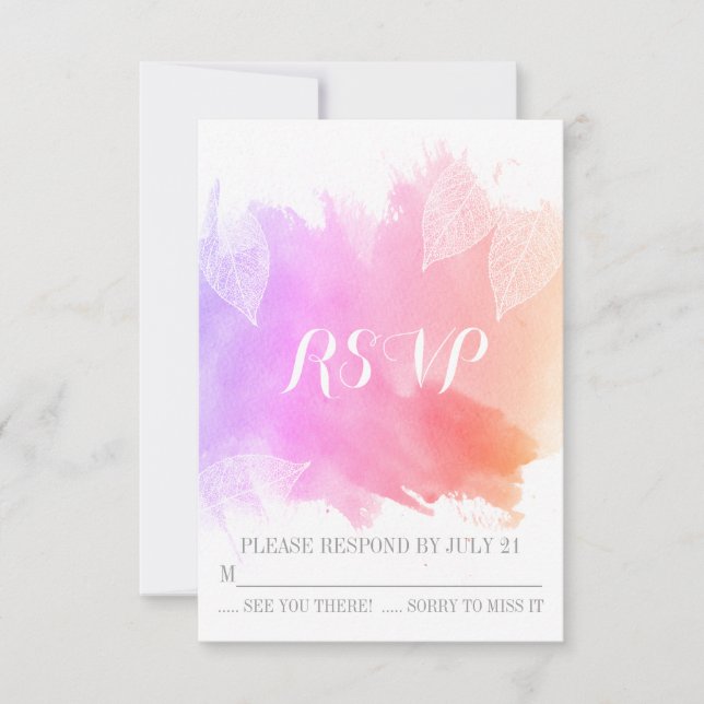 Pink watercolor & skeleton leaves wedding RSVP (Front)