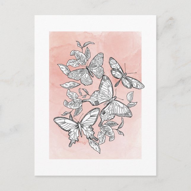 Pink Watercolor Sketched Butterflies Postcard (Front)