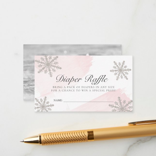 Pink Watercolor Snowflakes Diaper Raffle Ticket Enclosure Card (Front/Back In Situ)