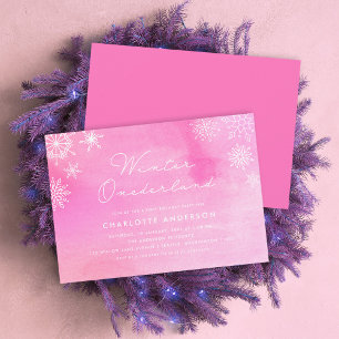Pink Watercolor Snowflakes First Birthday Party Invitation