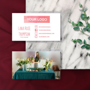 Pink Watercolor Social Media Logo & Photo Business Card