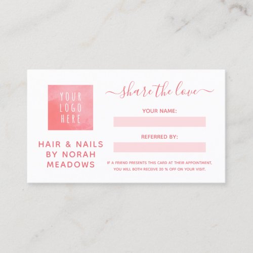 Pink Watercolor Social Media Share the Love Referral Card