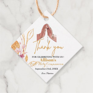 Pink watercolor splash first communion thank you favor tags