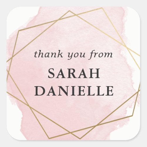 Pink Watercolor Splash Gold Frame Thank you Favor  Square Sticker