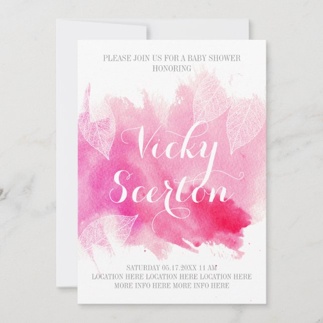 Pink watercolor splash, leaves modern baby shower invitation (Front)