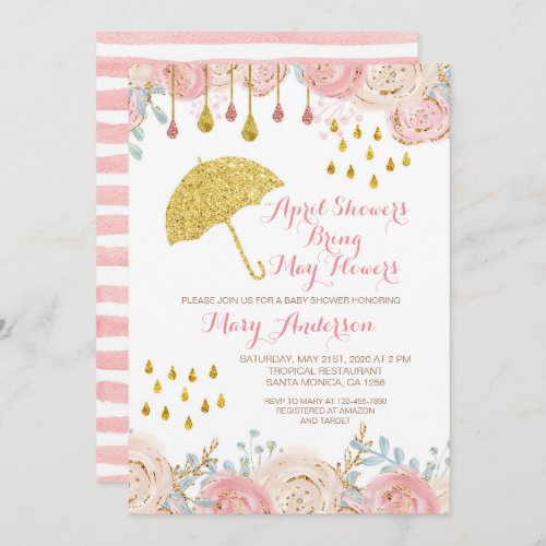 Pink Watercolor Spring April Baby Shower Invitation