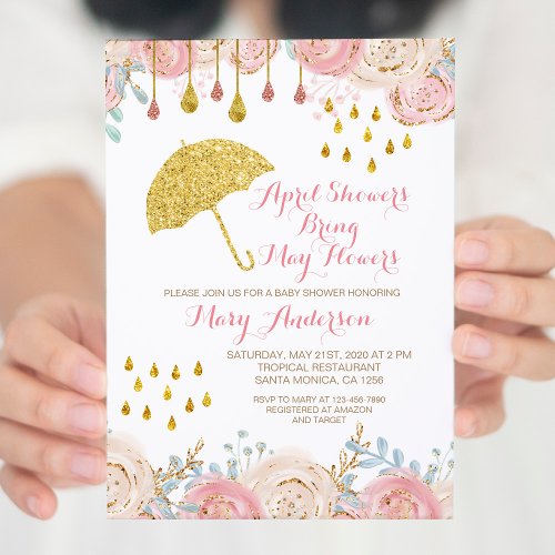 Pink Watercolor Spring April Baby Shower Invitation