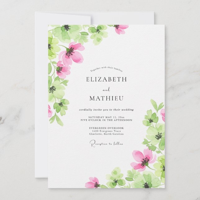 Pink Watercolor Spring Wedding Invitation (Front)