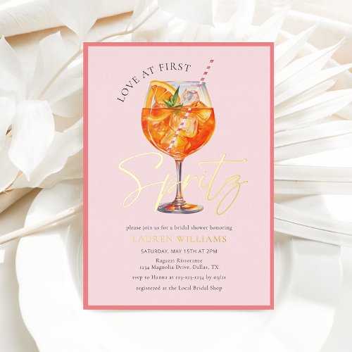 Pink Watercolor Spritz Cocktail Bridal Shower Foil Invitation