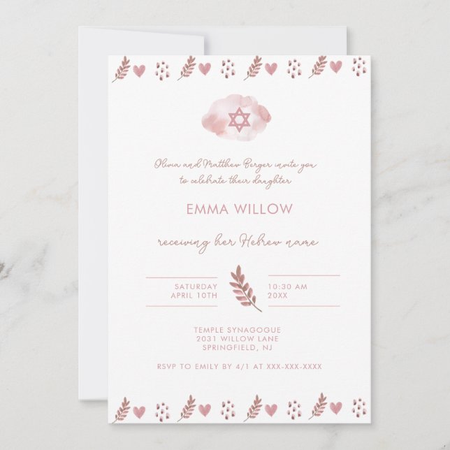 Pink Watercolor Star of David Baby Naming Invitation (Front)
