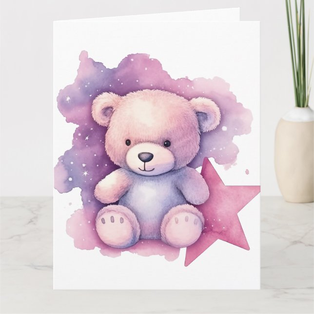 Pink Watercolor Star Teddy Bear Card (Front)