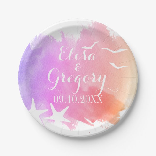Pink watercolor, starfish beach summer wedding paper plates (Front)