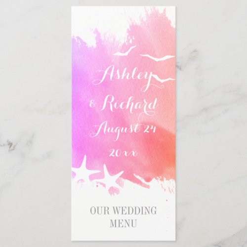 Pink watercolor starfish beach wedding menu