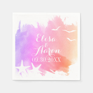 Pink watercolor, starfish summer beach wedding napkins