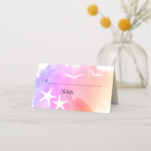 Pink watercolor starfish wedding folded escort place card