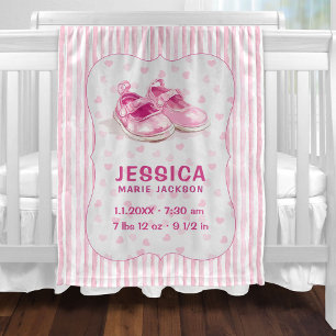 Pink Watercolor Stipes Baby Bootie Birth Stats Blanket