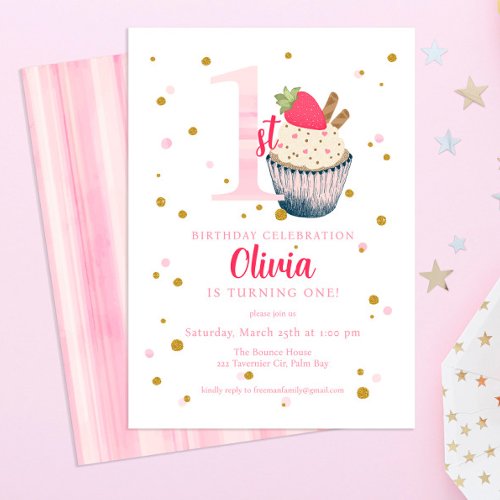 Pink Watercolor Strawberry Cupcake First Birthday  Invitation