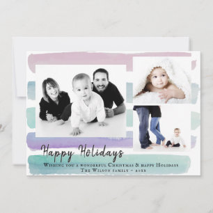 Pink Watercolor Stripe 3 Photo Collage Christmas Holiday Card