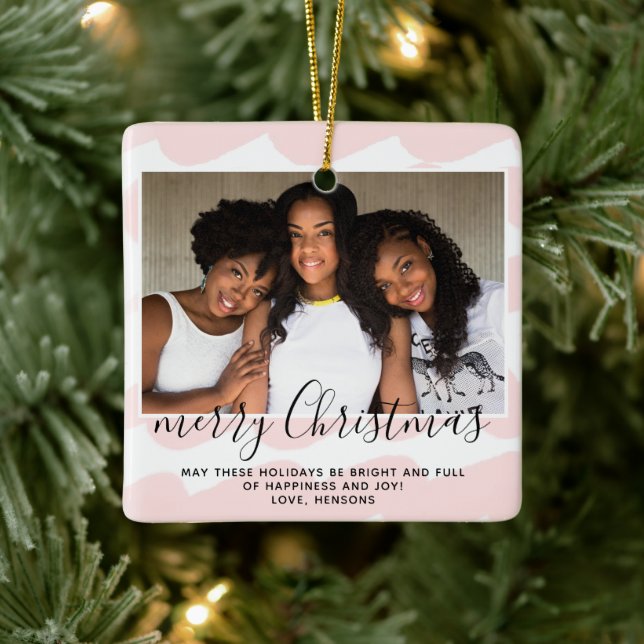 Pink Watercolor Stripe Merry Christmas Photo Ceramic Ornament (Tree)