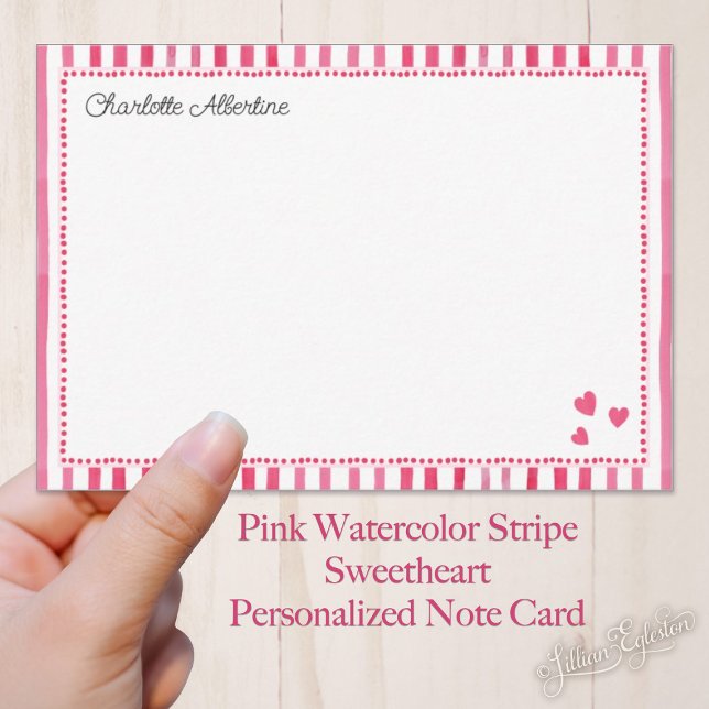 Pink Watercolor Stripe Sweetheart Personalized Note Card (Creator Uploaded)