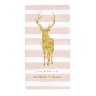 Pink Watercolor Stripes and Gold Deer Bookplate