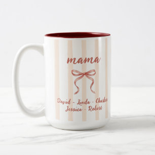 Pink Watercolor Stripes Bow Mama & Kids Names Two-Tone Coffee Mug