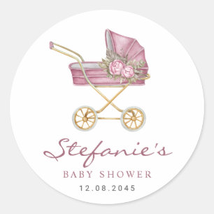 Pink Watercolor Stroller It's a Girl Baby Shower Classic Round Sticker