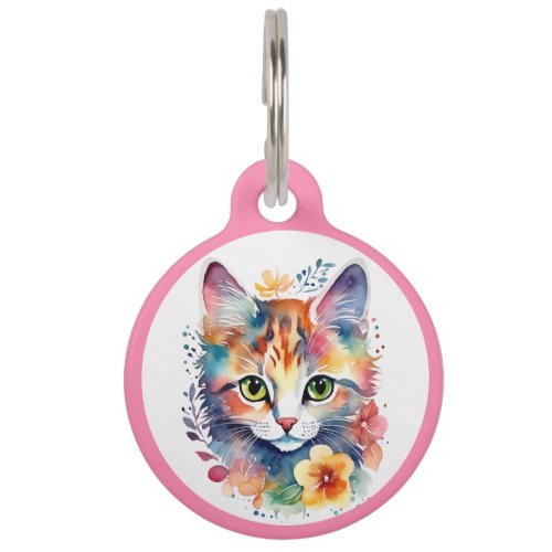 Pink Watercolor Style Floral Kitten Pet ID Tag