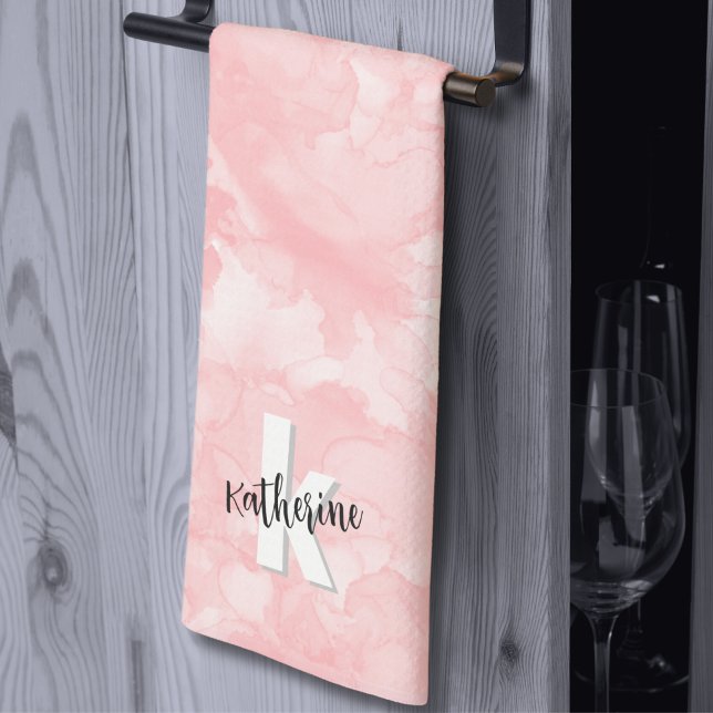 Pink Watercolor Stylish Monogram Kitchen Towel (Stylish Cute Modern Watercolor Pink Monogram kitchen towel)