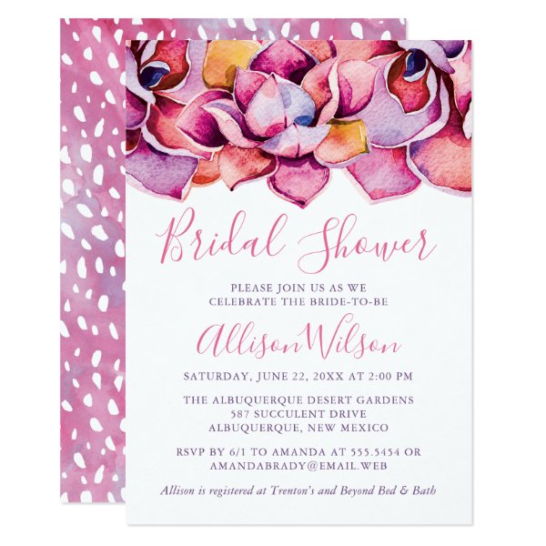 Pink Watercolor Succulent Bridal Shower Invitation