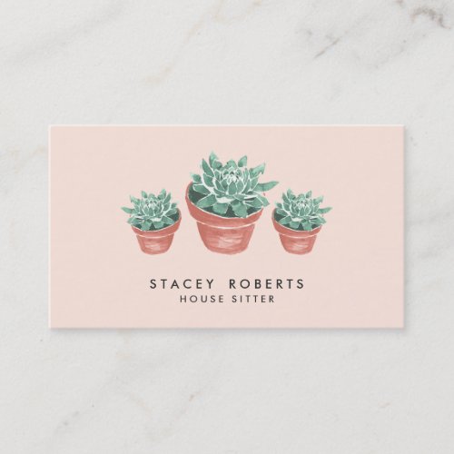 Pink Watercolor Succulent Plant House Pet Sitter Business Card