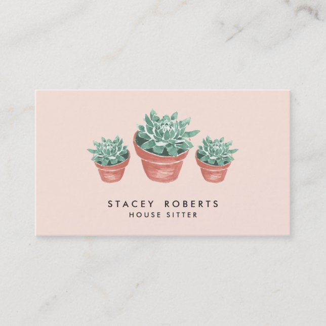 Pink Watercolor Succulent Plant House Pet Sitter Business Card (Front)